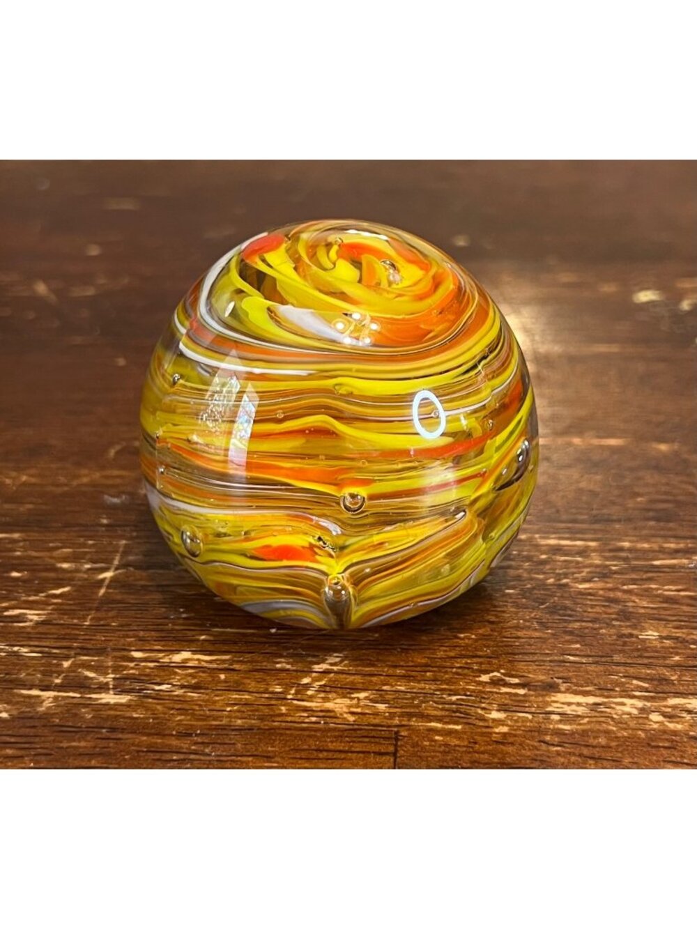 Vintage Swirl Glass Paperweight With Yellow Orange Stripes Bubble Accents India